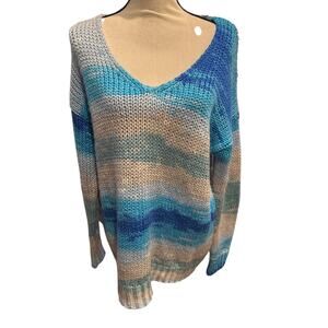 ⭐️ Women’s O&O Blue / Green V-Neck OverSized Sweater Size S/Medium Loose